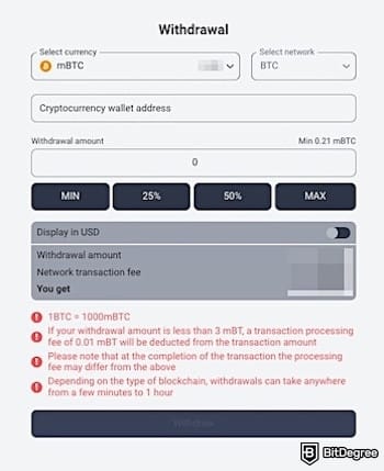 1xBit review: 1xBit's withdrawal page.