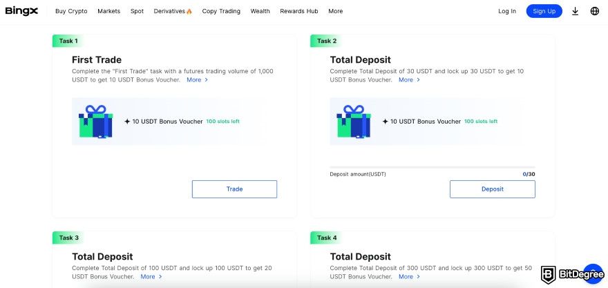 Tasks on the BingX and BitDegree's deposit event.