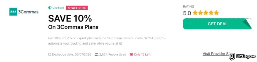 3Commas promo code: a red arrow pointing to the [GET DEAL] button.