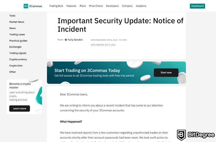 3Commas review: notice of incident on the website.