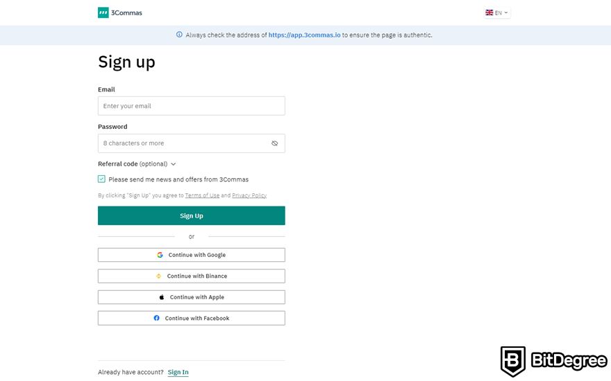 3Commas review: sign-up methods on 3Commas.