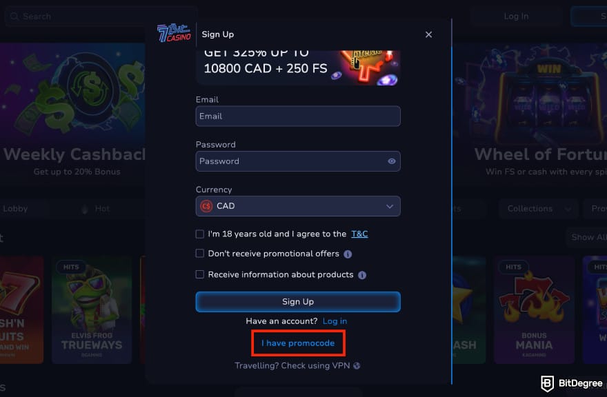 7Bit Casino promo code: registering on the platform.