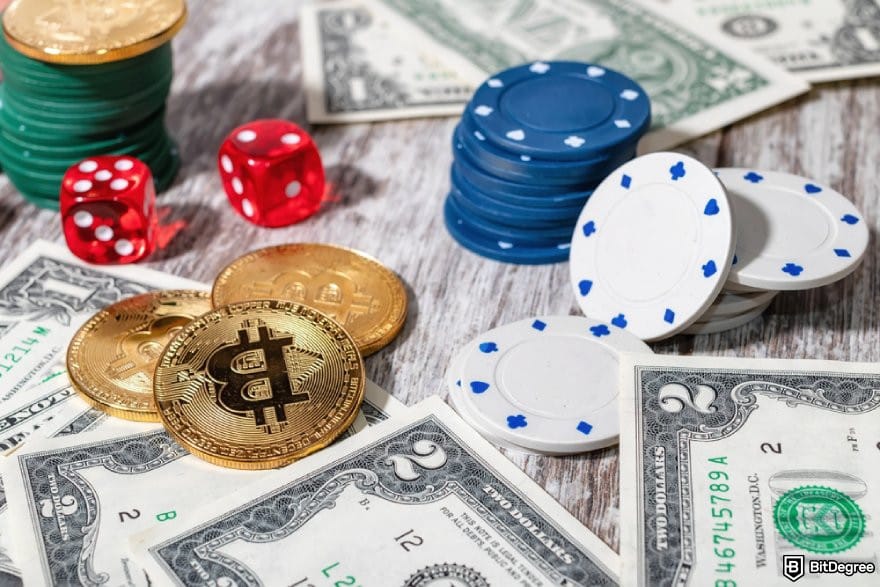 7Bit Casino review: golden BTC coins, dice, USD bills, and casino chips on a wooden surface. 7Bit Casino review: golden BTC coins, dice, USD bills, and casino chips on a wooden surface.