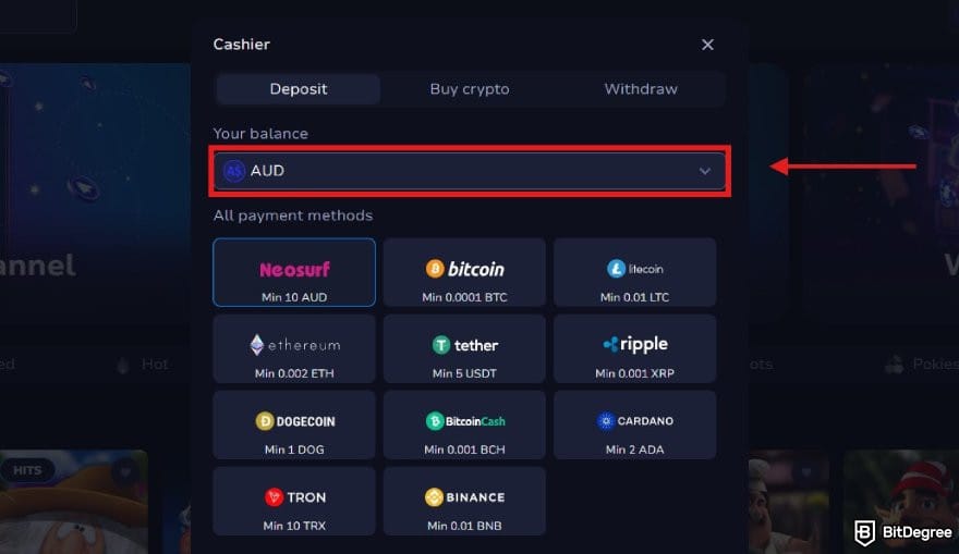 7Bit Casino review: the Cashier popup window with the balance currency highlighted. 7Bit Casino review: the Cashier popup window with the balance currency highlighted.