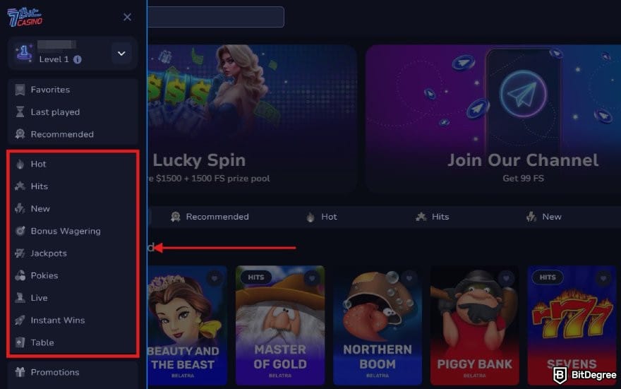 7Bit Casino review: 7Bit Casino homepage with the game categories highlighted. 7Bit Casino review: 7Bit Casino homepage with the game categories highlighted.