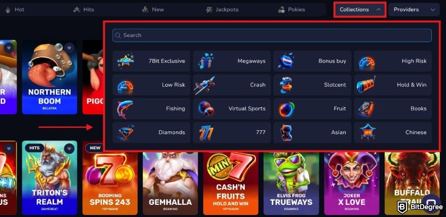 7Bit Casino review: 7Bit Casino homepage with the collections drop down menu highlighted. 7Bit Casino review: 7Bit Casino homepage with the collections drop down menu highlighted.