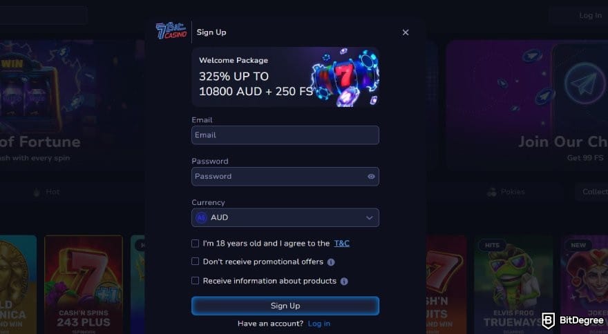 7Bit Casino review: the sign up pop up window for 7Bit Casino. 7Bit Casino review: the sign up pop up window for 7Bit Casino.