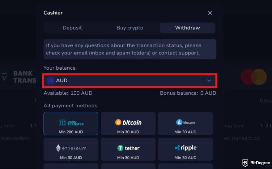 7Bit Casino review: the withdrawal popup window on 7Bit Casino. 7Bit Casino review: the withdrawal popup window on 7Bit Casino.
