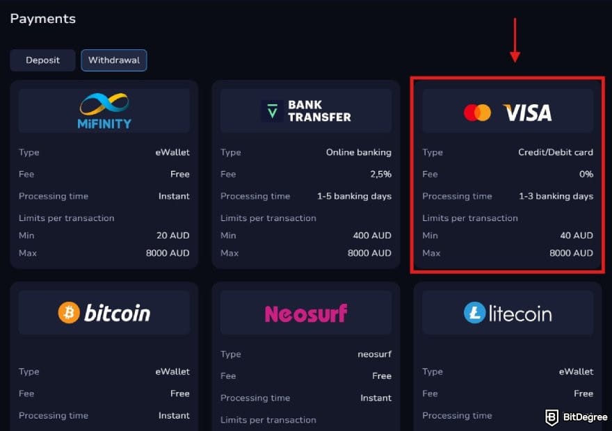 7Bit Casino review: the withdrawal page on 7Bit Casino with the VISA option highlighted. 7Bit Casino review: the withdrawal page on 7Bit Casino with the VISA option highlighted.