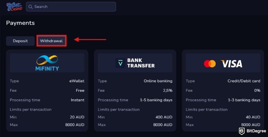 7Bit Casino review: the withdrawal page on 7Bit Casino. 7Bit Casino review: the withdrawal page on 7Bit Casino.