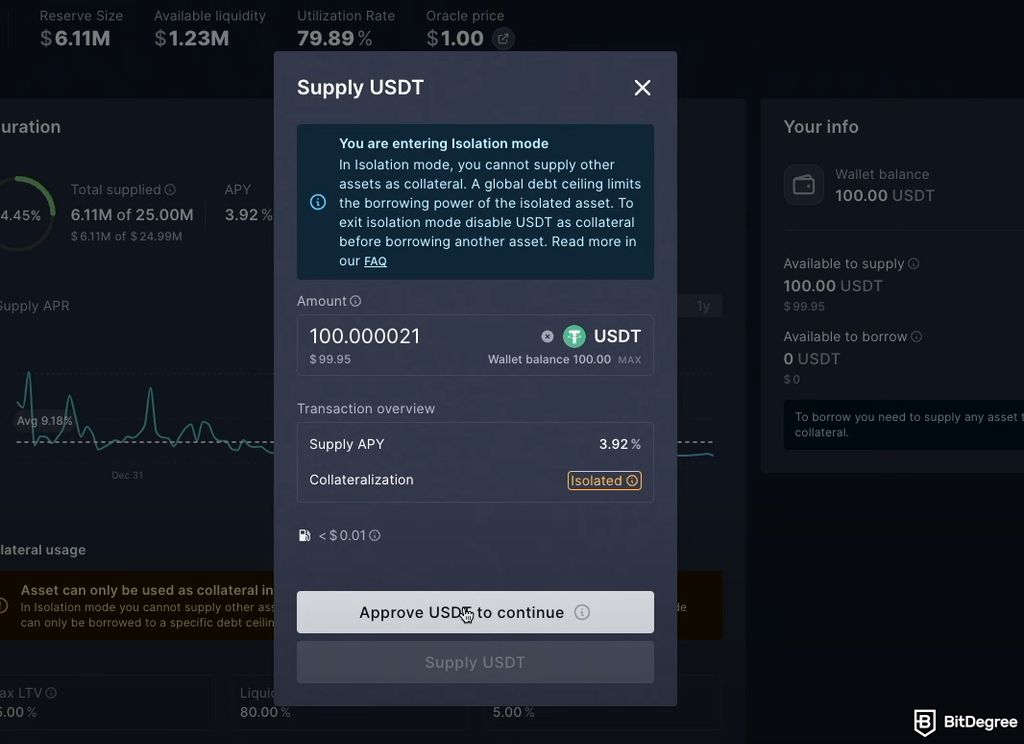Aave review: supply USDT.