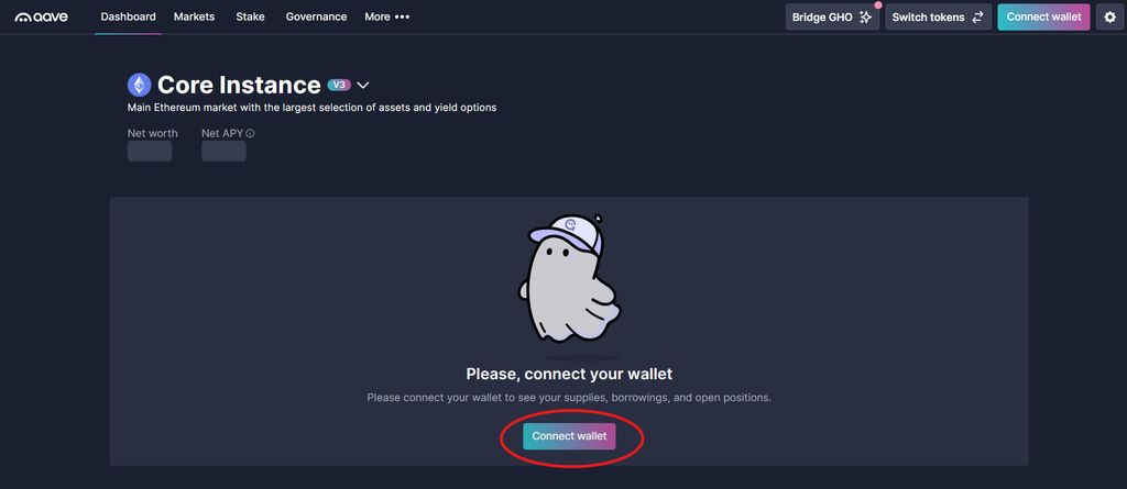 Aave review: connect wallet.