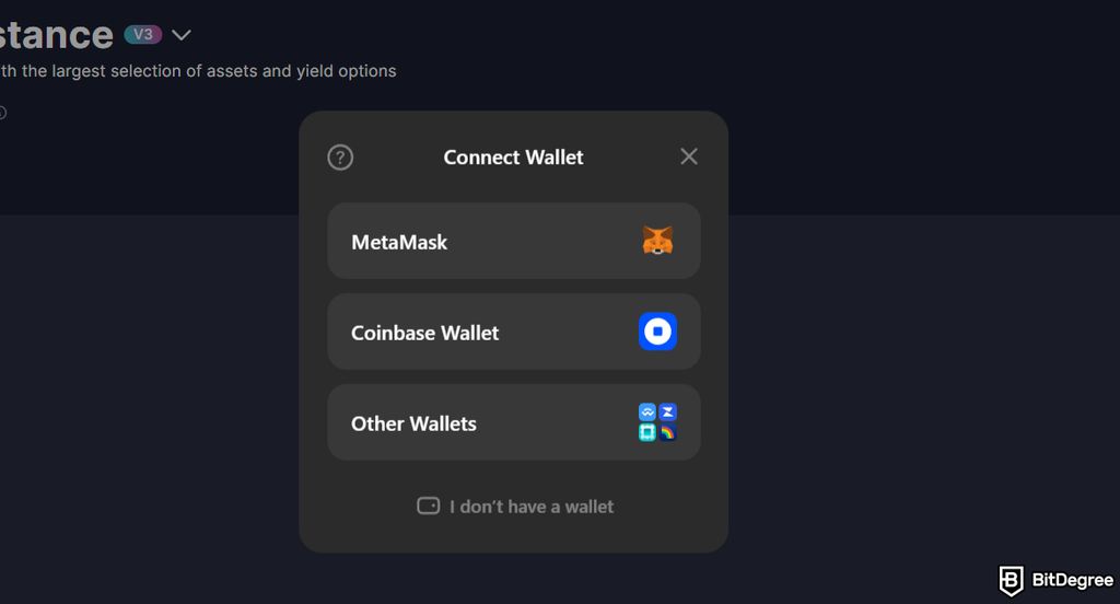 Aave review: wallet options.