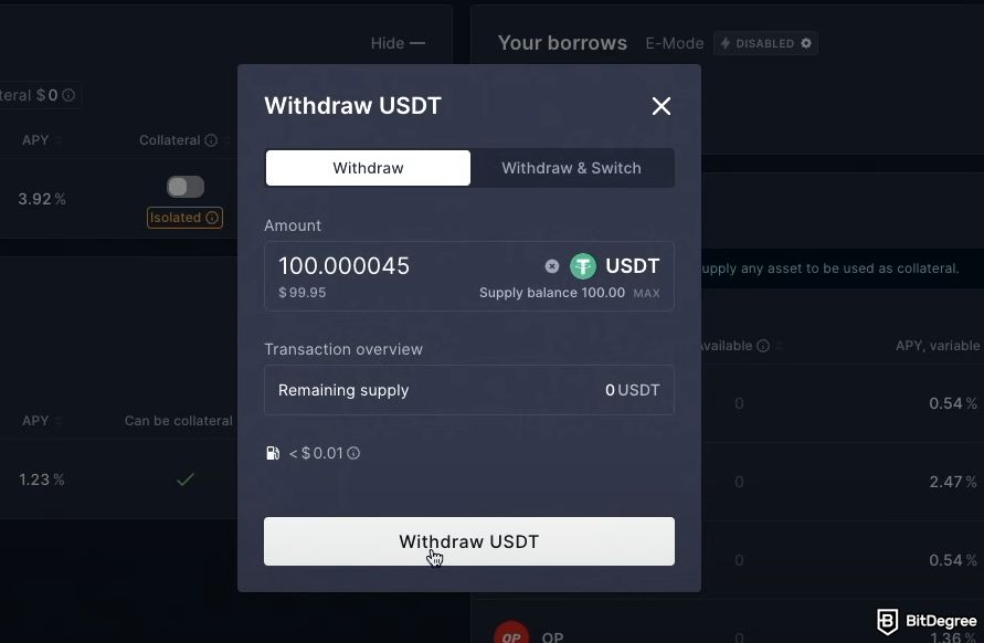 Aave review: input withdrawal amount.