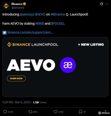 AEVO airdrop guide: AEVO airdrop announcement on the Binance X account.