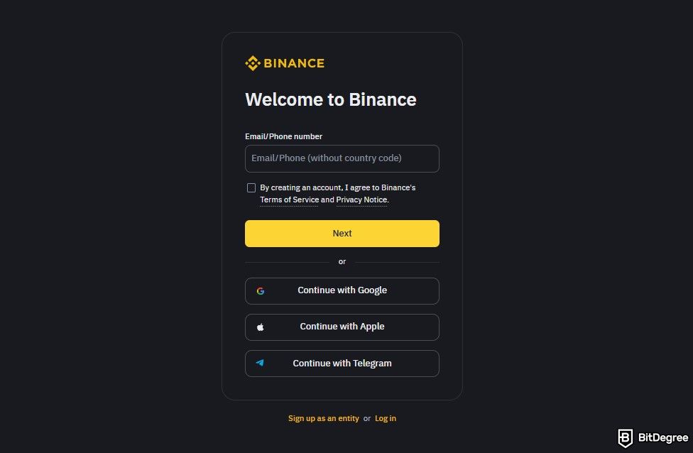 AEVO airdrop guide: the Binance signup form.