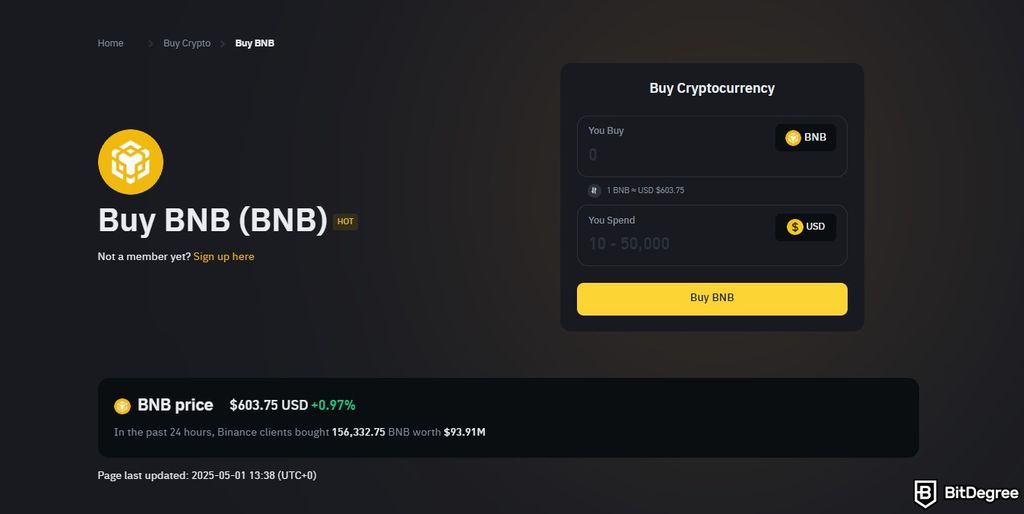 AEVO airdrop guide: buying BNB on Binance.