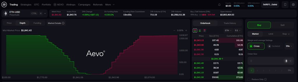 AEVO airdrop guide: the Aevo trading page.