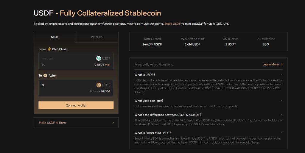 Aevo airdrop guide: minting USDF on Aster DEX.