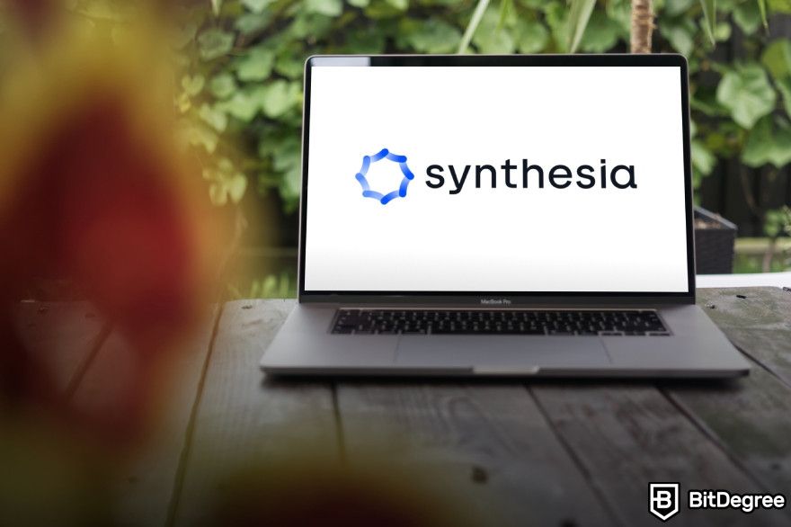 AI companies to invest in: Synthesia logo displayed on a laptop screen.