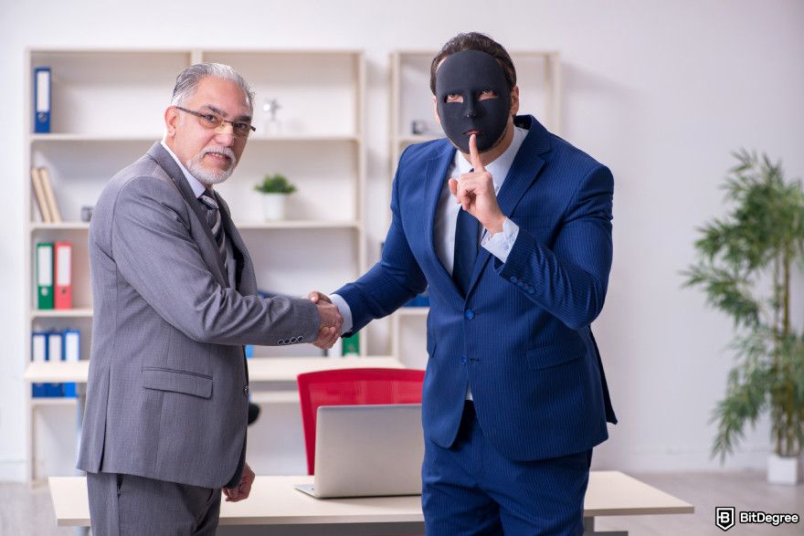 AI impact on jobs: a man with a mask shaking hands with another man.