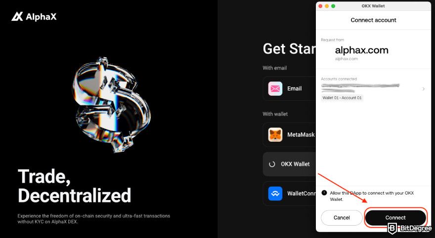 AlphaX review: connecting the OKX wallet to AlphaX.