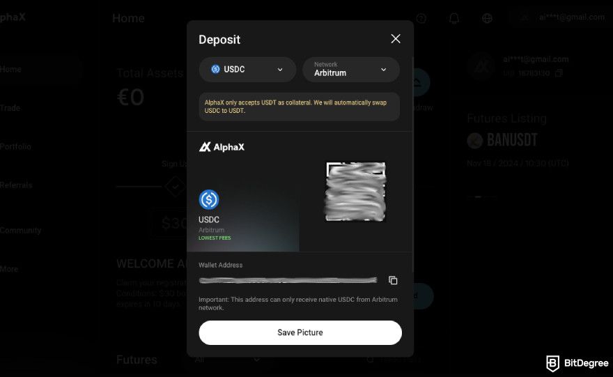 AlphaX review: USDC deposit.