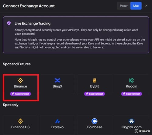 Altrady review: choosing Binance on Altrady.