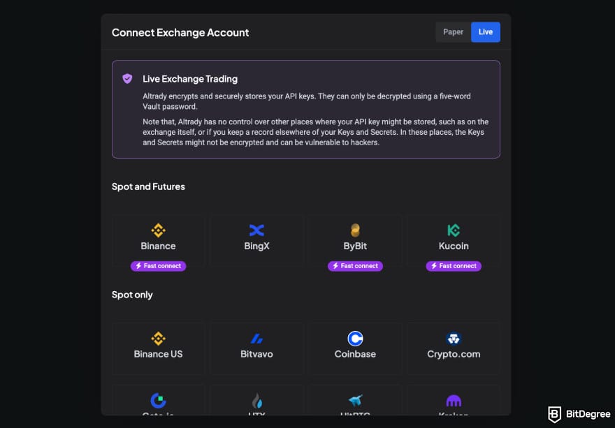 Altrady review: exchange connection window on Altrady.