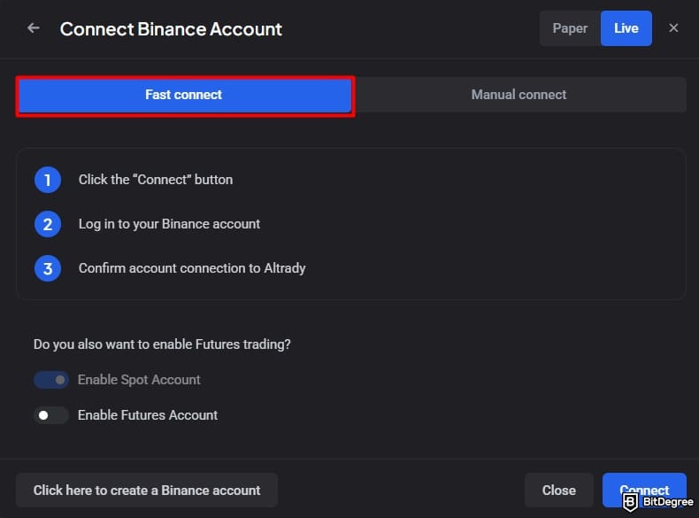 Altrady review: the Binance's Fast Connect settings on Altrady.