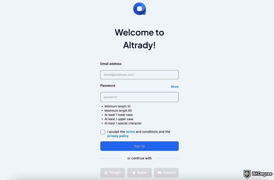 Altrady review: registration page on Altrady.