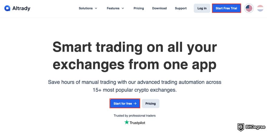Altrady review: the [Start Free Trial] button on Altrady's homepage.