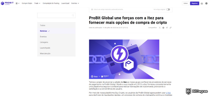 Análise da ProBit: anúncio no centro de ajuda sobre a parceria da ProBit com a Itez.