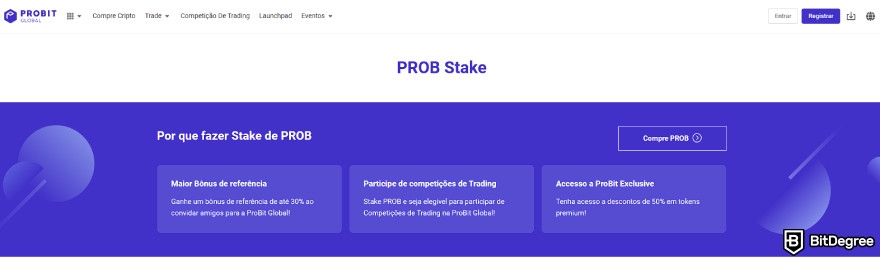 Análise da ProBit: benefícios do staking de PROB exibidos no site.