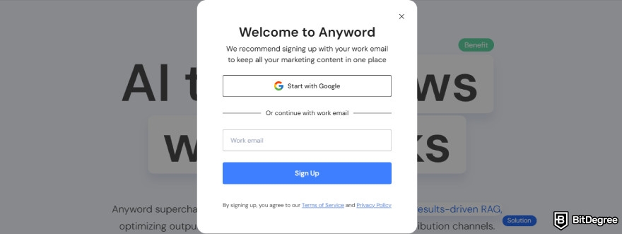 Anyword promo code: Anyword's sign up page.