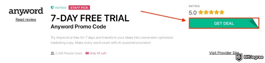 Anyword promo code: a red arrow pointing to the GET DEAL button.