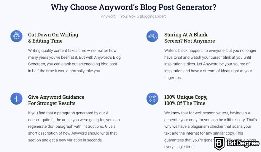 Anyword review: Anyword displaying the reasons why to choose their blog post generator.