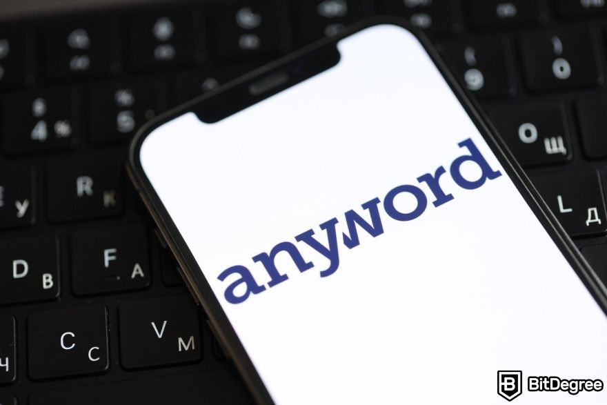 Anyword review: Anyword logo displayed on a phone.