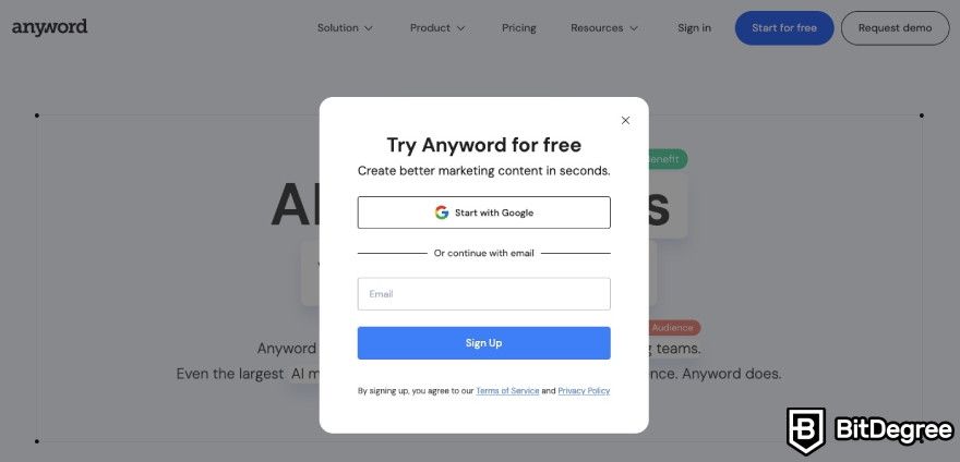 Anyword review: Anyword's sign up window.