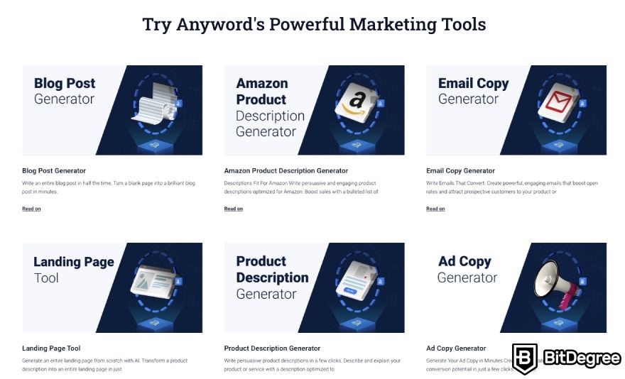 Anyword review: Anyword displaying the wide selection of use cases on their website.