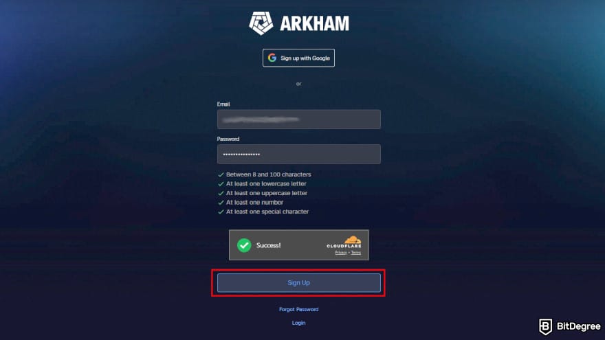 Arkham exchange review: provide email and create a password.