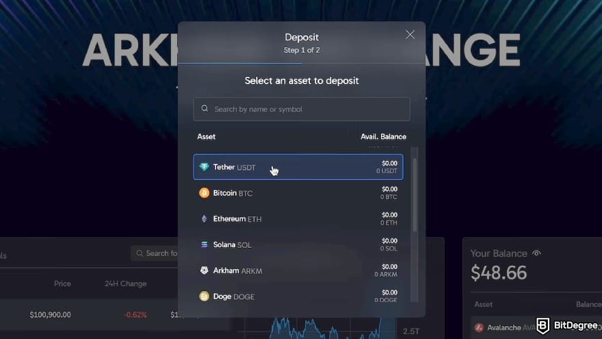Arkham exchange review: select asset to deposit.