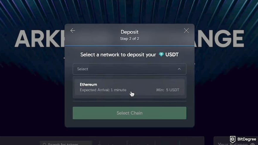 Arkham exchange review: select the network.