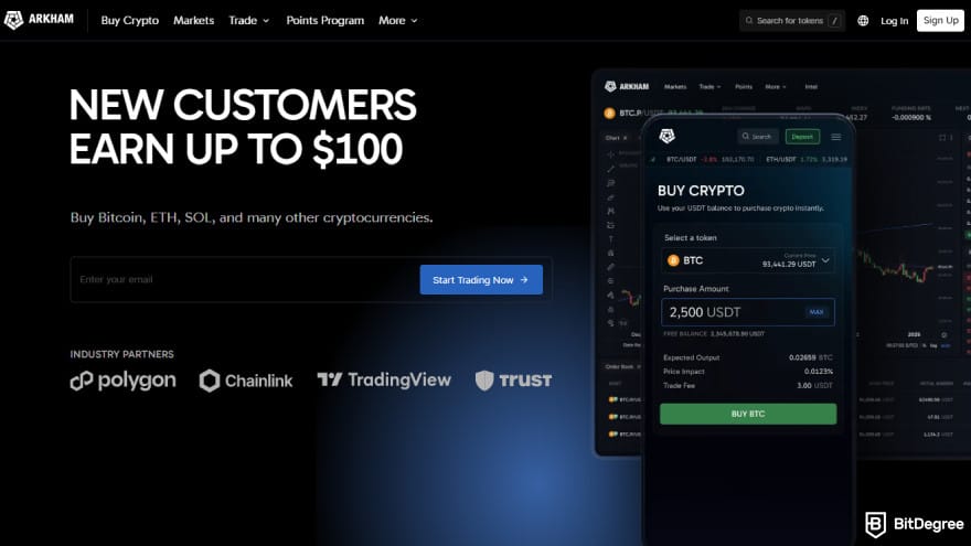 Arkham exchange review: the platform's landing page interface.