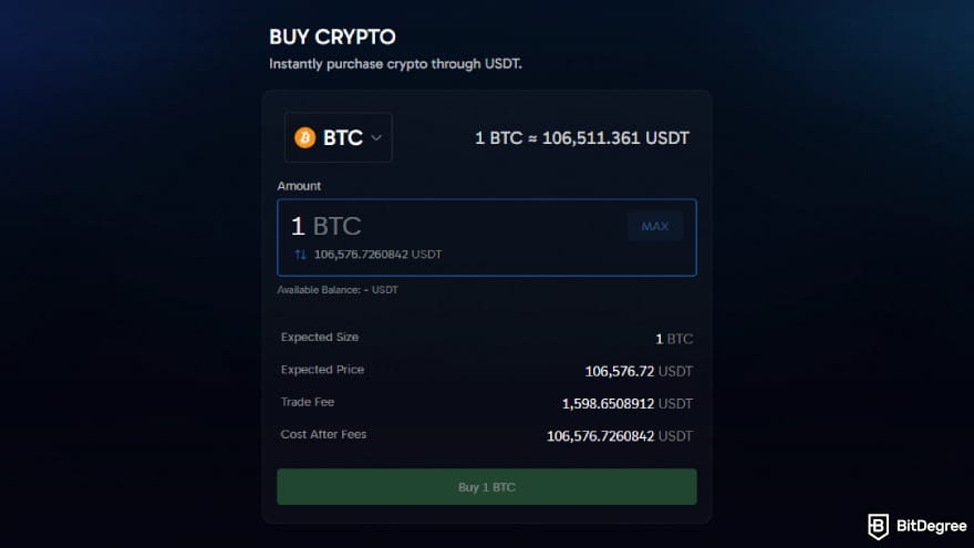 Arkham exchange review: instant buy service on the platform.