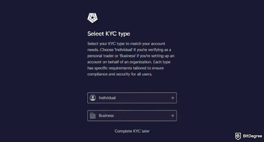 Arkham exchange review: choose KYC type.