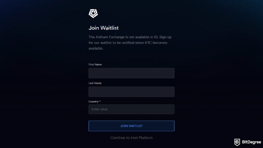 Arkham exchange review: waitlist page indicating restricted access in certain countries.