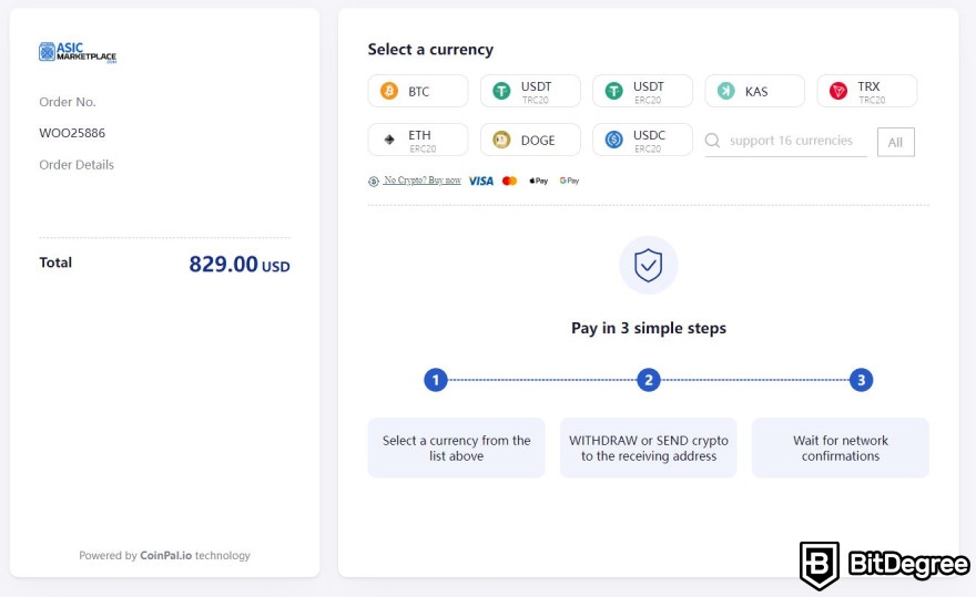 ASIC Marketplace reviews: choose your preferred crypto for payment.