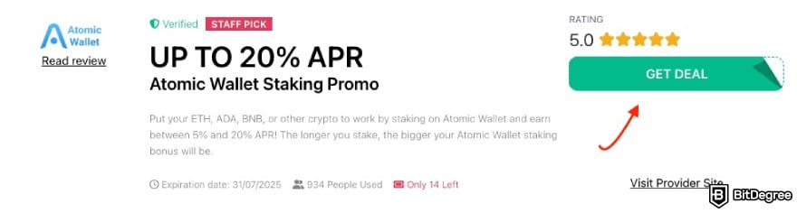Atomic Wallet promo code: a red arrow pointing to the [GET DEAL] button on BitDegree's page.