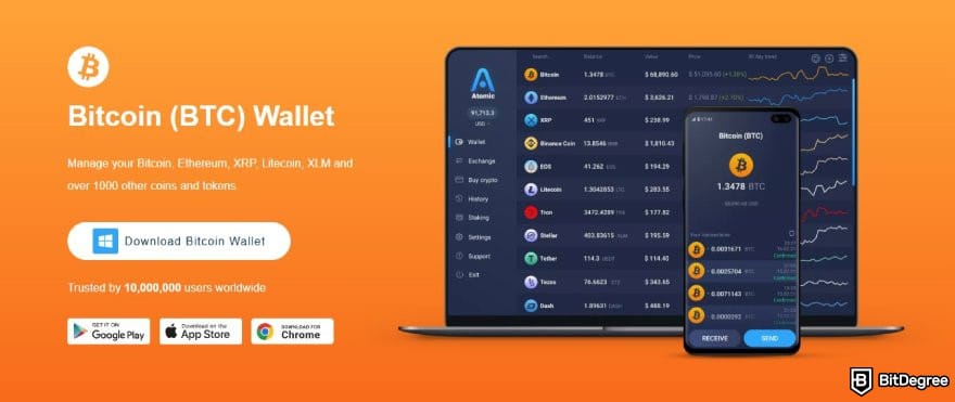 Atomic Wallet review: the banner for BTC wallet on Atomic's website.